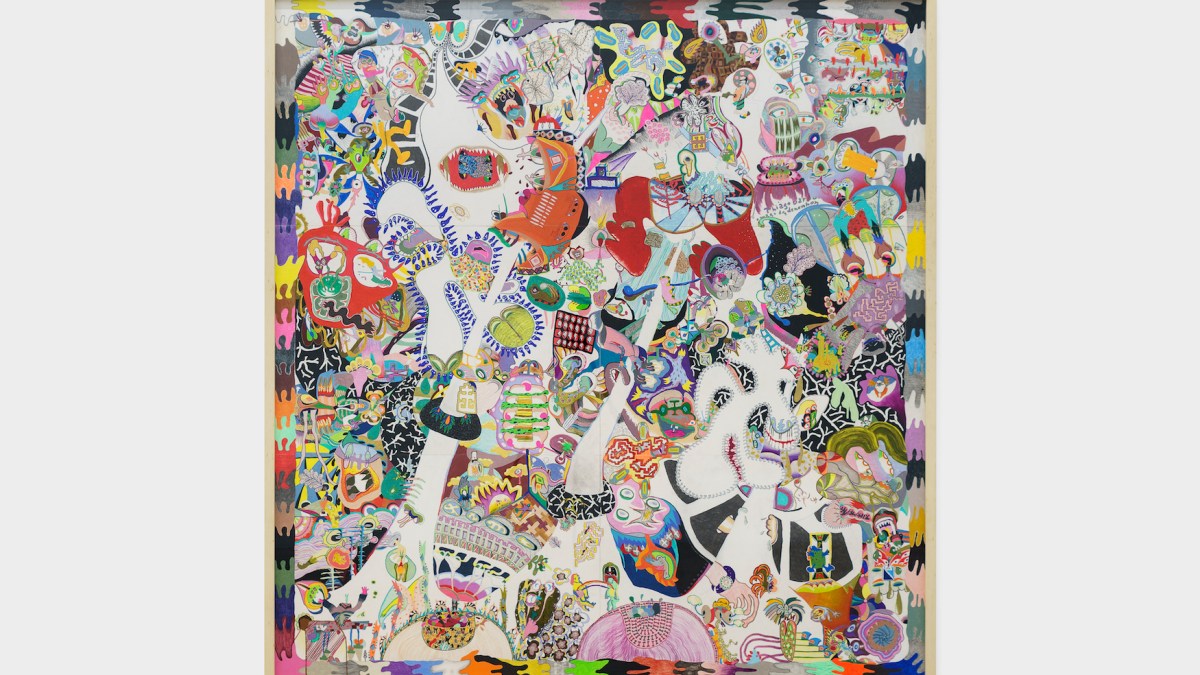 Thiago Barbalho, The perfect pie, 2024. Oil paint, acrylic paint, coloured pencil, permanent marker, ballpoint pen, spray paint and pencil on paper, 280 x 200 cm